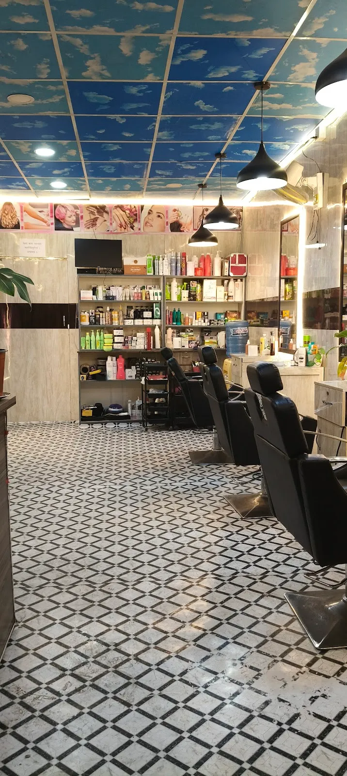 Two black barber chairs on a patterned tile floor inside Dragon Hair Salon