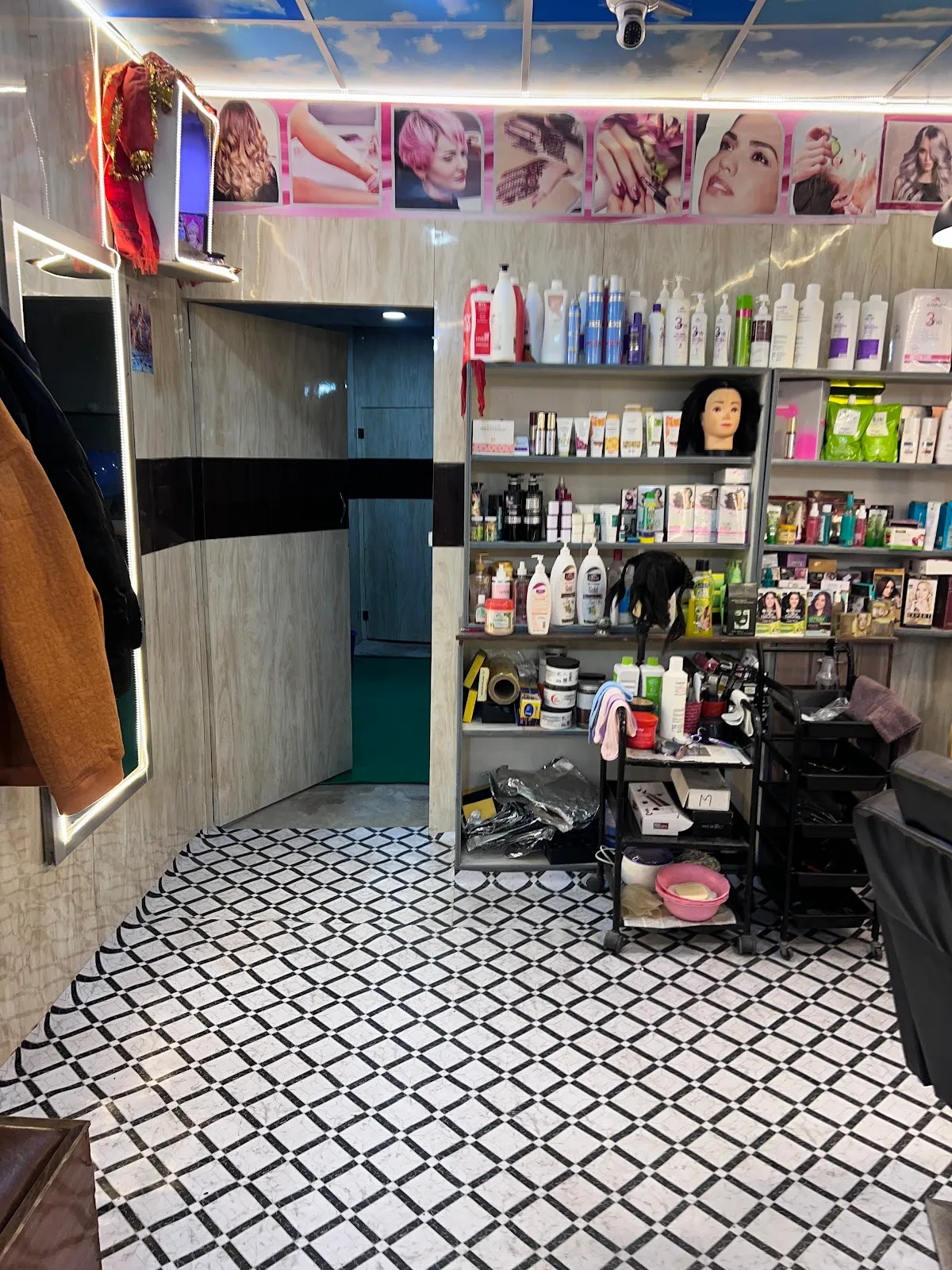 Floor-to-ceiling shelves of professional hair and beauty products